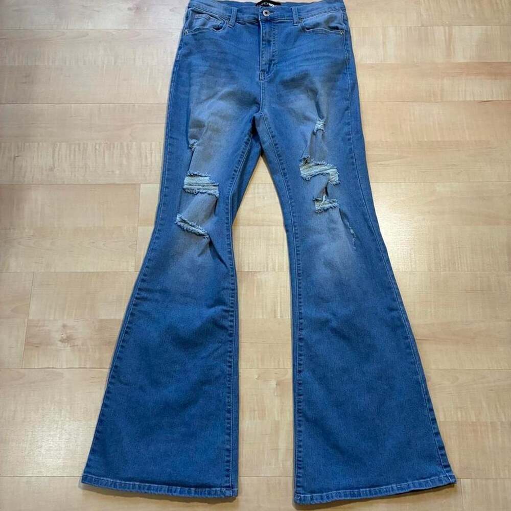 Fashion Nova High Waisted Flare Jeans Distressed Ripped Knees